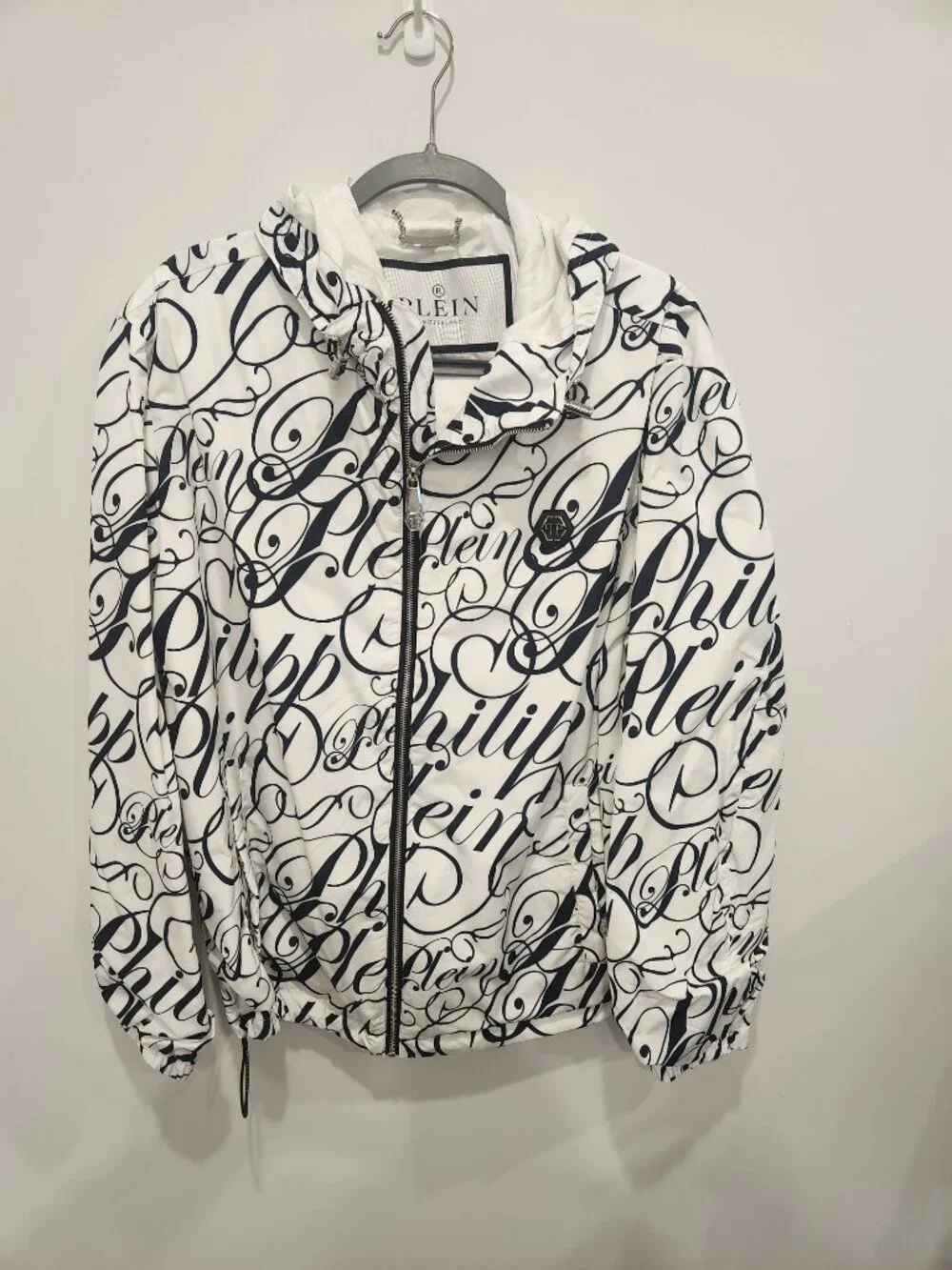 PHILIPP PLEIN Switzerland Allover Script Logo Print Hooded Windbreaker Jacket